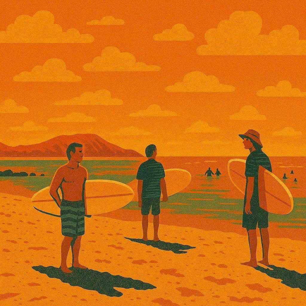 tres amigos en la playa para hacer surf
