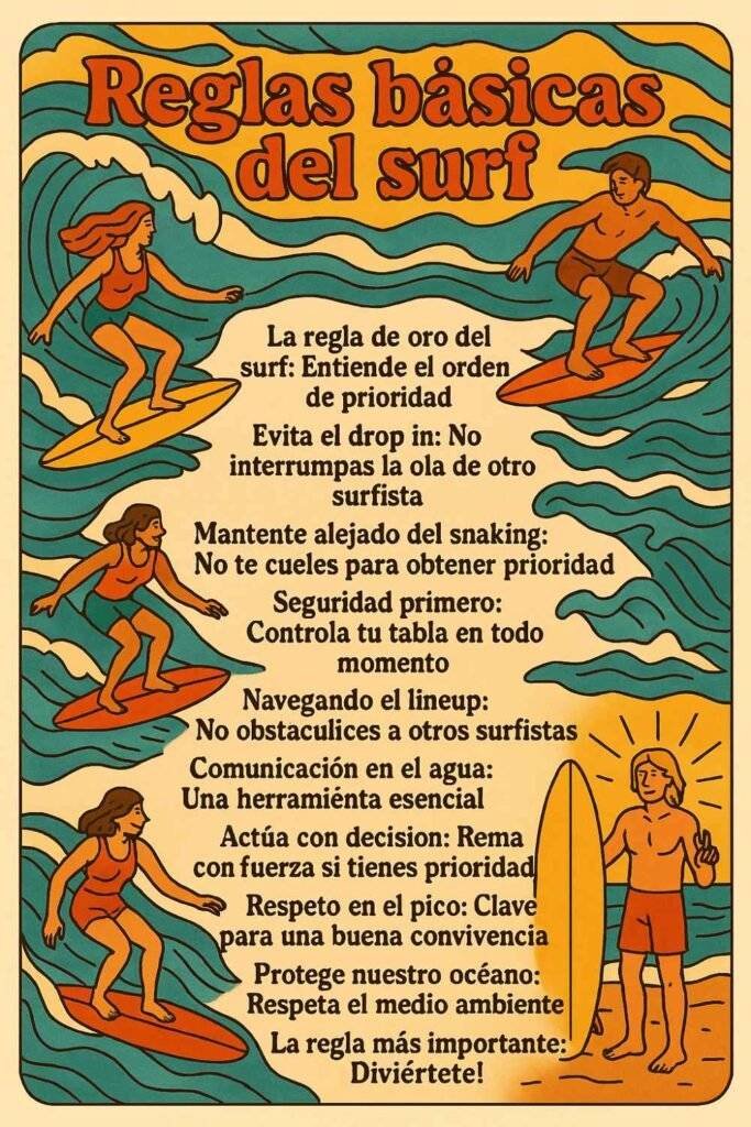 infografía resumen sobre las reglas básicas del surf